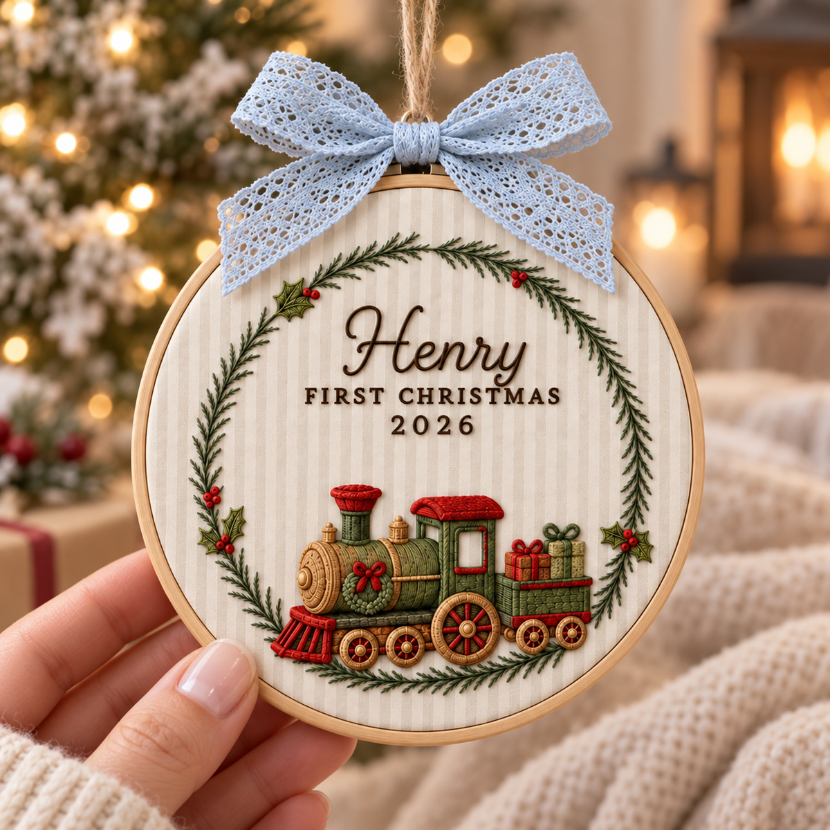 Personalized Train Wreath Ornament, Embroidered Train Baby First Christmas Name Hoop, Baby 1st Christmas Ornament, Baby Shower Gift