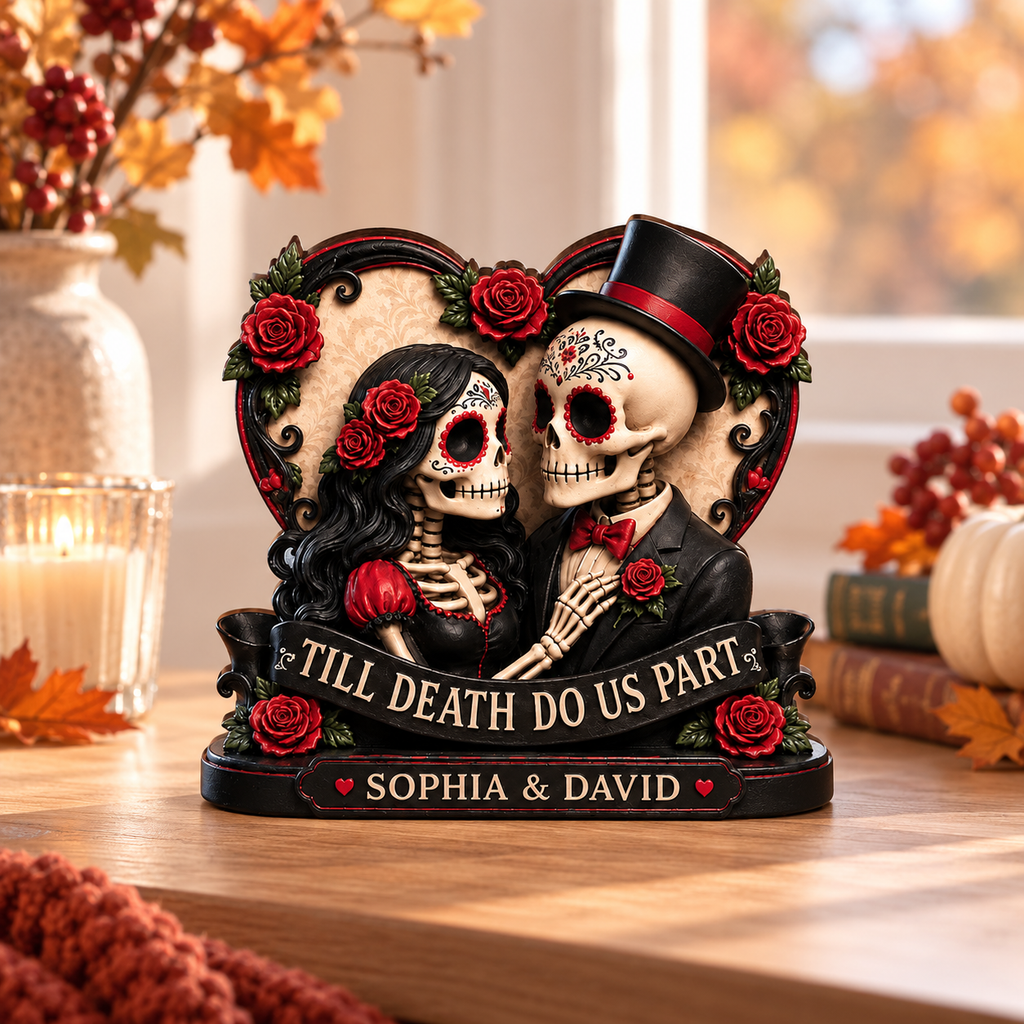 Personalized Skeleton Couple Wooden Block, Custom Couple Gothic Wedding Wooden Sign, Till Death Do Us Part Sign, Halloween Anniversary Gifts