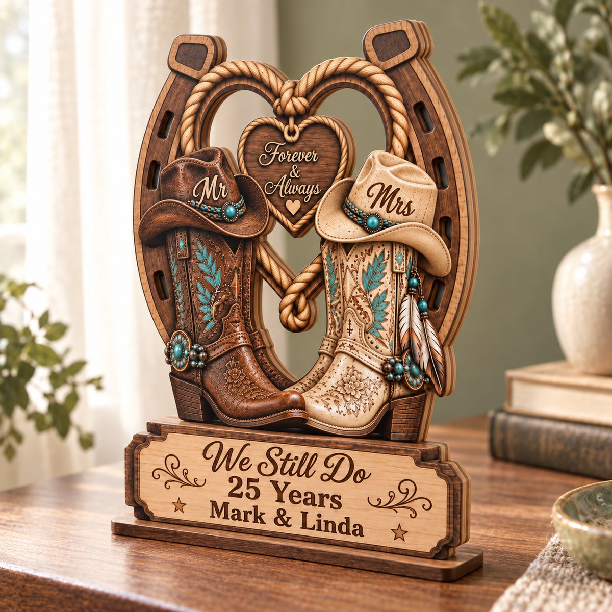 Personalized Western Cowboy Boots & Horseshoe Wooden Plaque, Forever & Always Anniversary Gift for Couples