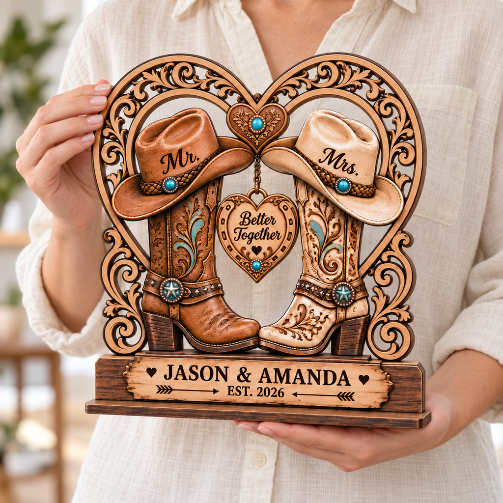 Personalized Western Cowboy Boots Wooden Plaque, Custom Mr & Mrs Wedding Keepsake, Engagement & Anniversary Gift for Couples