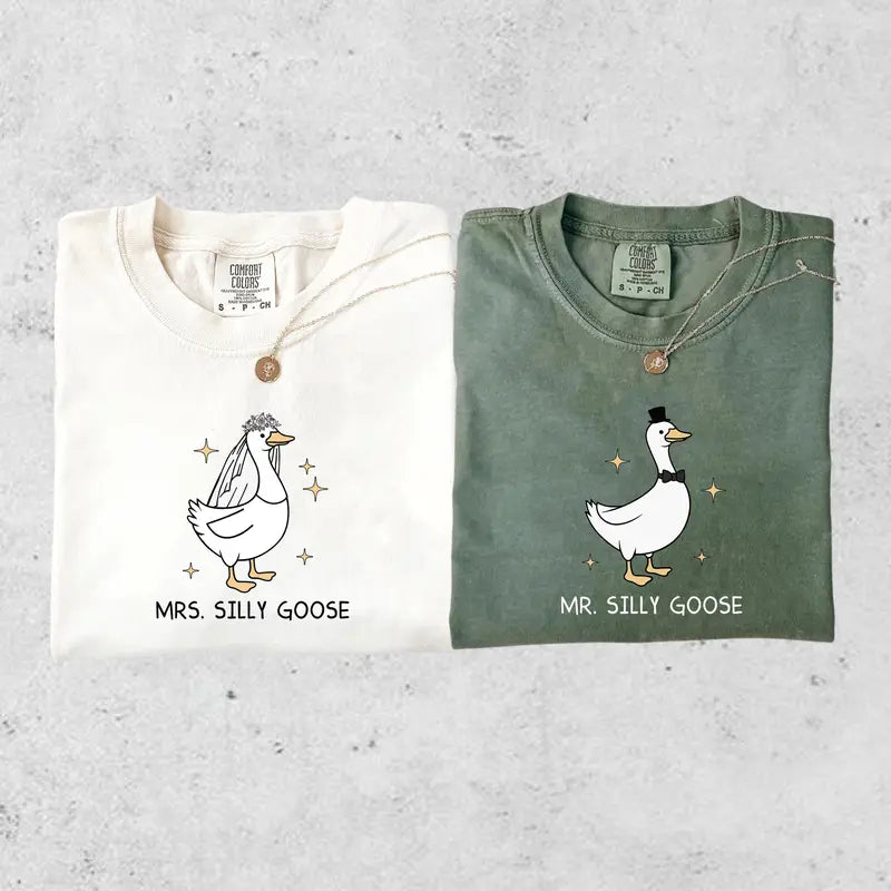 Comfort Colors Silly Goose Couple T-Shirts, Matching Mr & Mrs Wedding Shirts, Funny Goose Bride Groom Tees, Wedding Gift