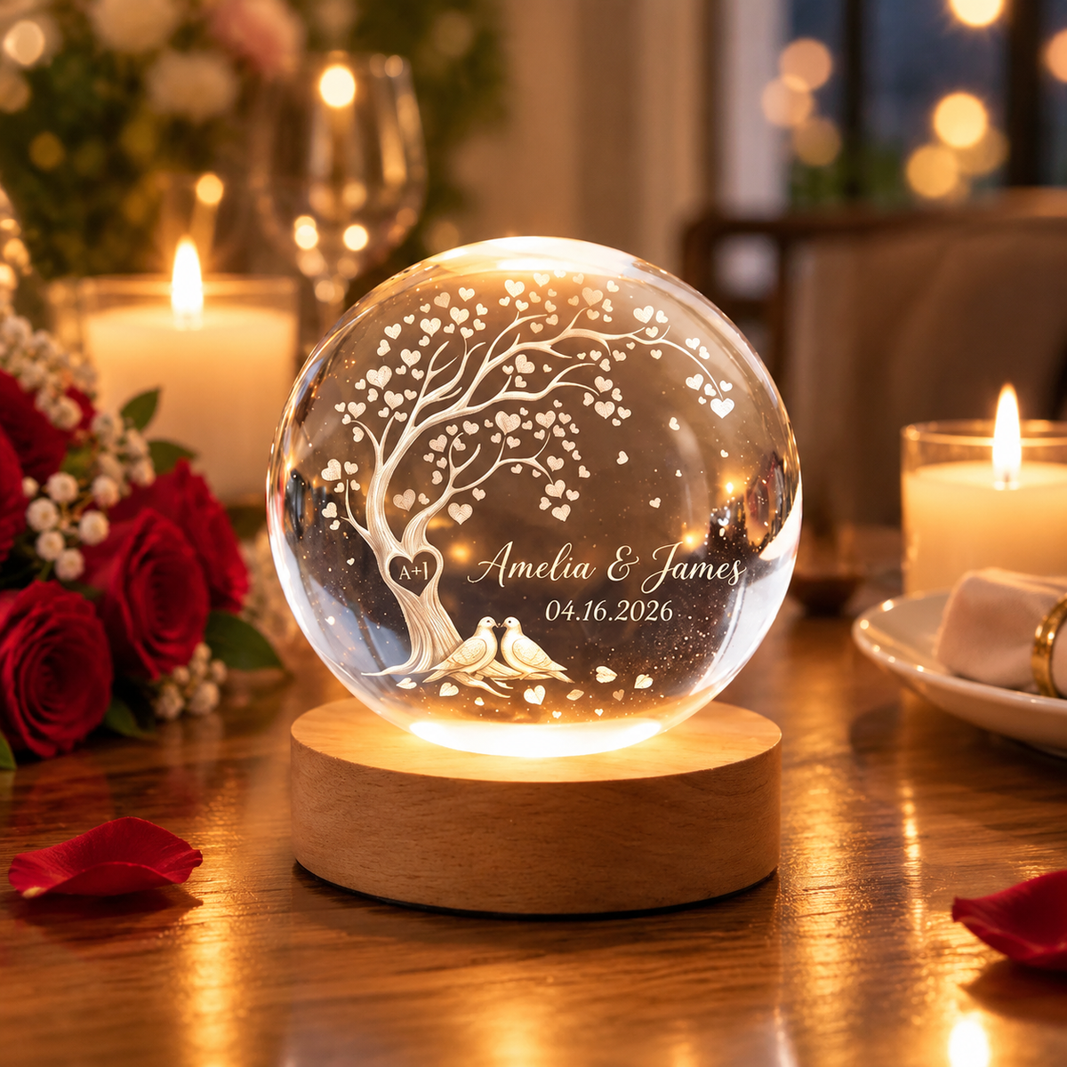 Personalized Couple Crystal Globe Everlasting Love Tree Heart Lamp, Custom Engagement Gift for Bride and Groom, Wedding Anniversary Gift