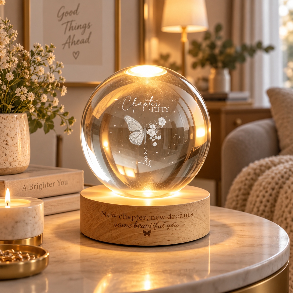 Personalized Chapter Birthday Crystal Ball Lamp,Custom Birth Flower Night Light,30th Birthday Keepsake,Chapter 50 Gift for Women/Mom