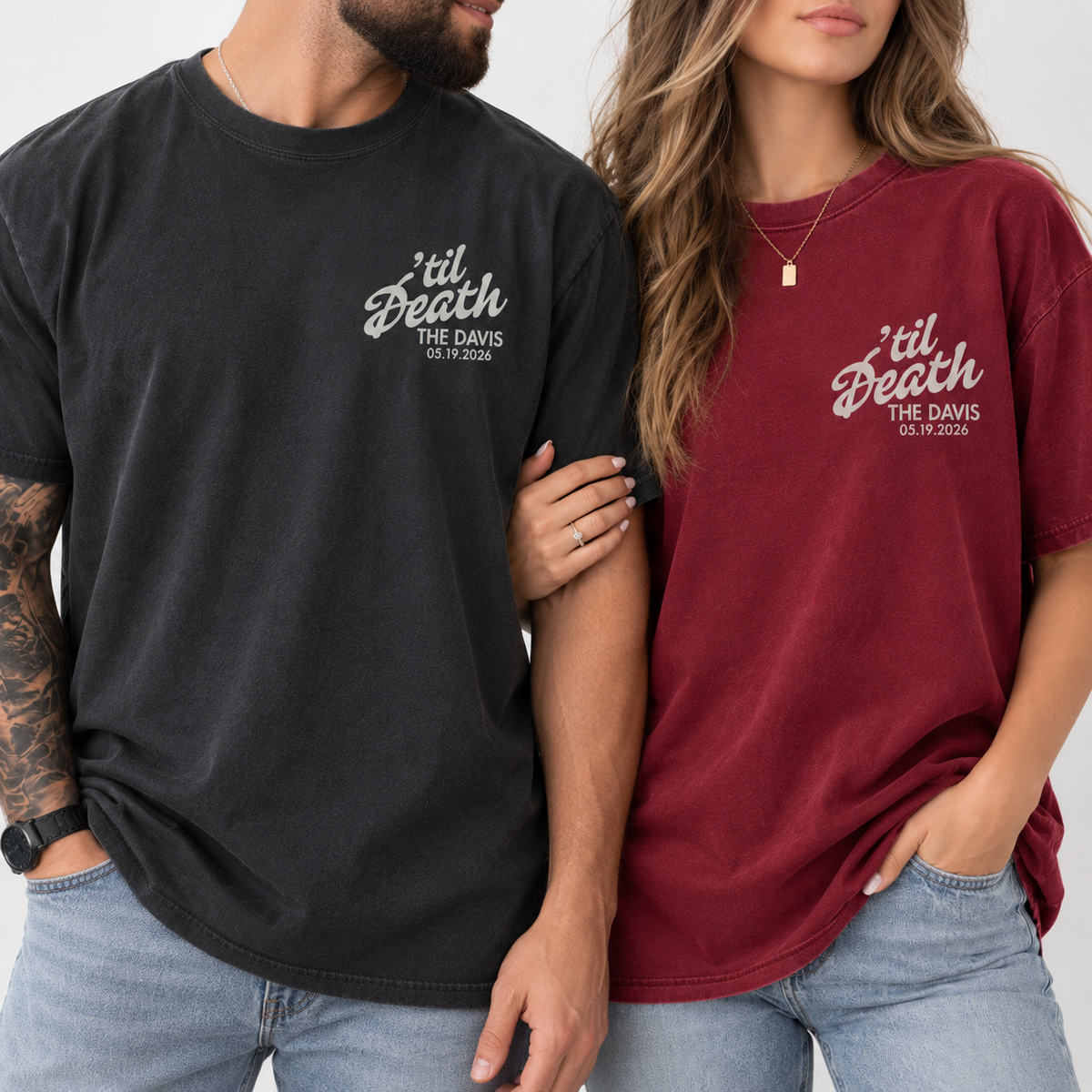 Personalized ’Til Death Skeleton Bride Wedding Shirt, Gothic Married Couple Shirt, Wedding Date Newlywed Tee