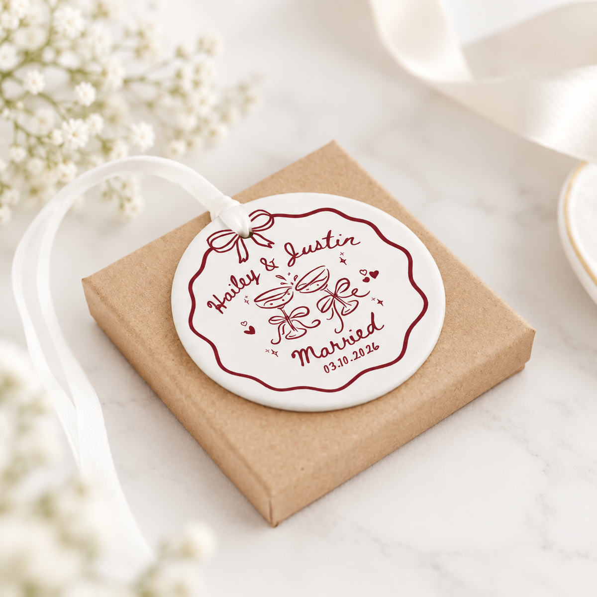 Personalized Engagement Ornament, Custom Couple Names & Date Ceramic Keepsake, Wedding & Newlywed Gift
