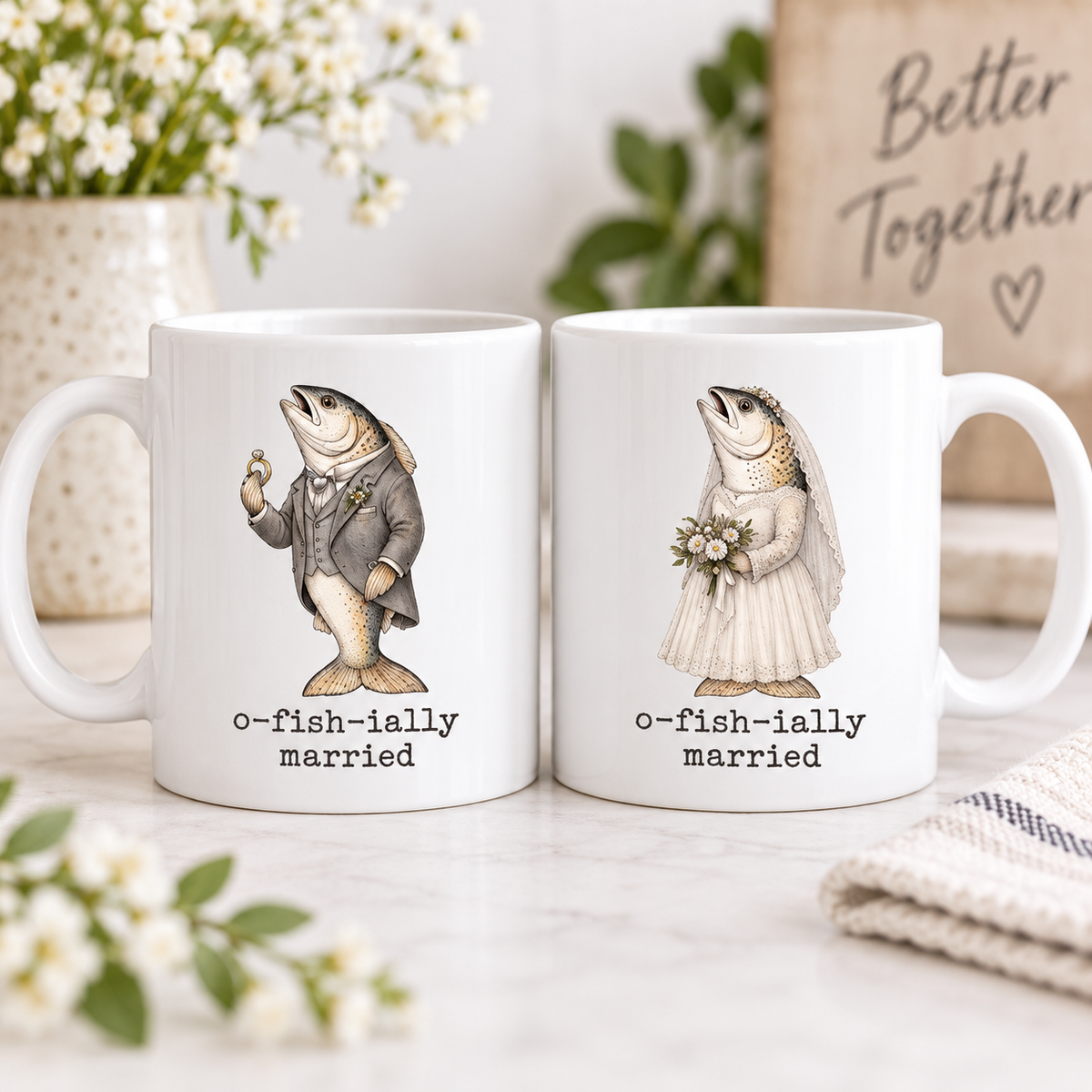 Funny Just Married Fish Mug, Newlywed Matching Couple Mug, Wedding Gift for Bride and Groom, Funny Honeymoon Couple Gift
