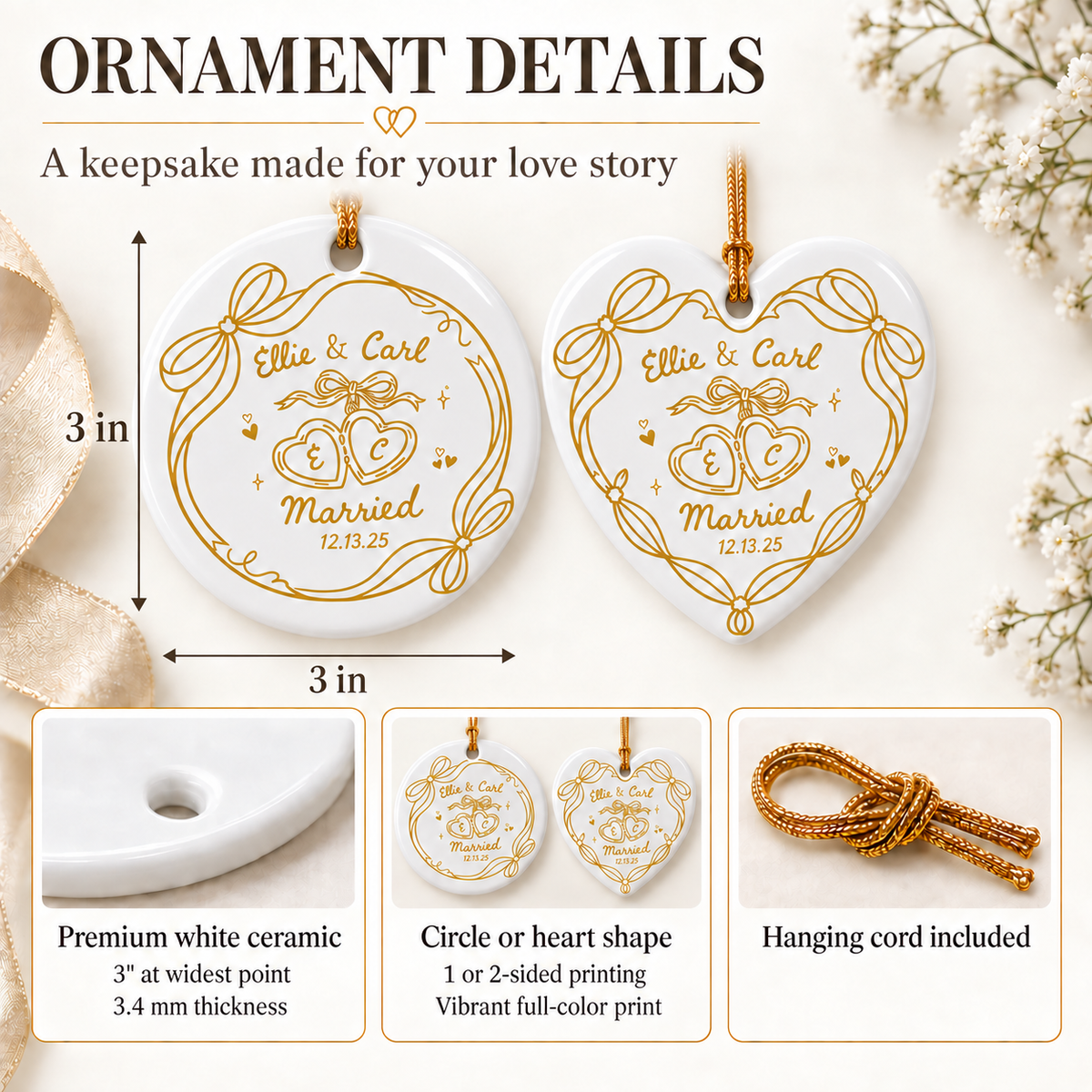 Personalized Engagement Ornament, Custom Couple Names & Date Ceramic Keepsake, Wedding & Newlywed Gift