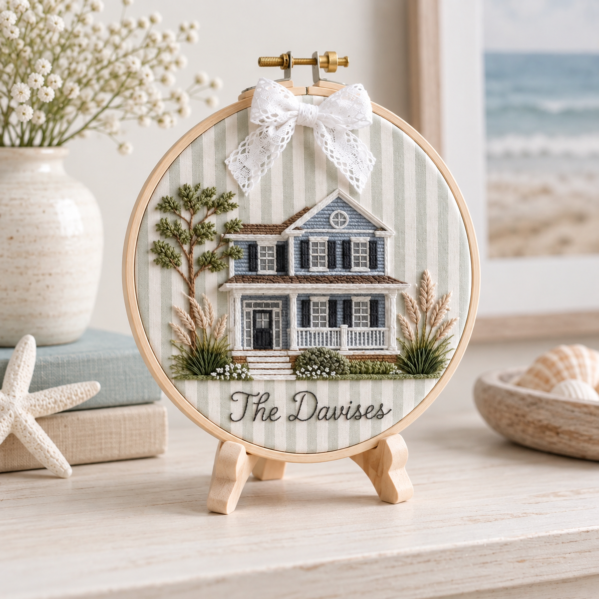 Personalized Family Home Embroidery Hoop, Custom House Portrait Wall Art, Cottage Floral Decor, Housewarming Gift with Pink Bow