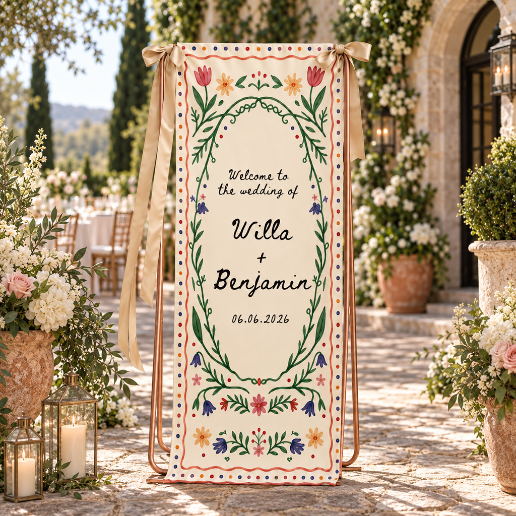 Personalized Linen Wedding Welcome Sign, Custom Couple Names & Date Floral Wedding Banner, Ceremony Reception Entrance Decor