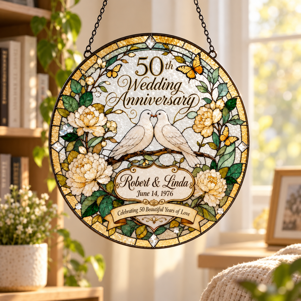 Personalized 50th Wedding Anniversary Suncatcher, Golden Anniversary Gift for Couple,Custom Stained Glass Style Window Hanging,Dove Keepsake