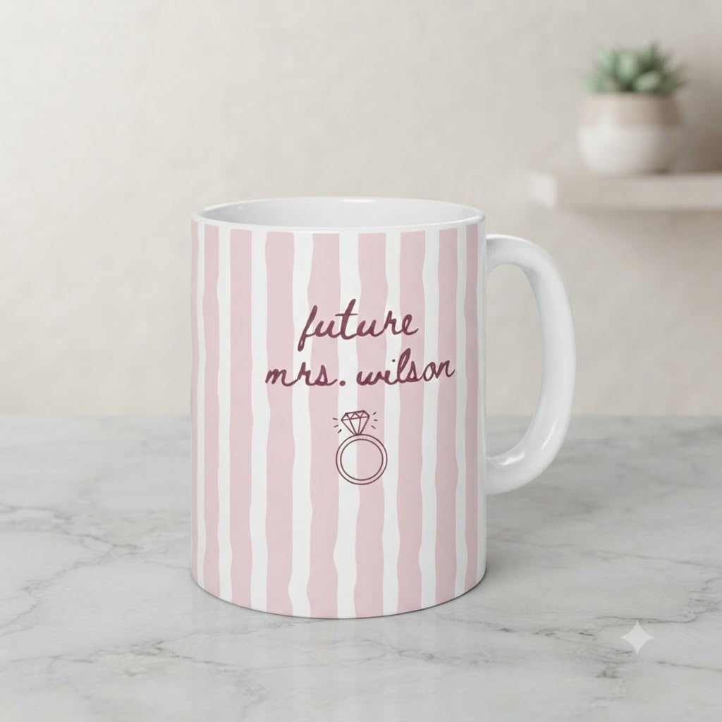 Personalized Striped Future Mrs Mug & Ornament – Custom Coffee Mug, Accent Mug, Bride-to-Be Engagement & Bridal Shower Gift