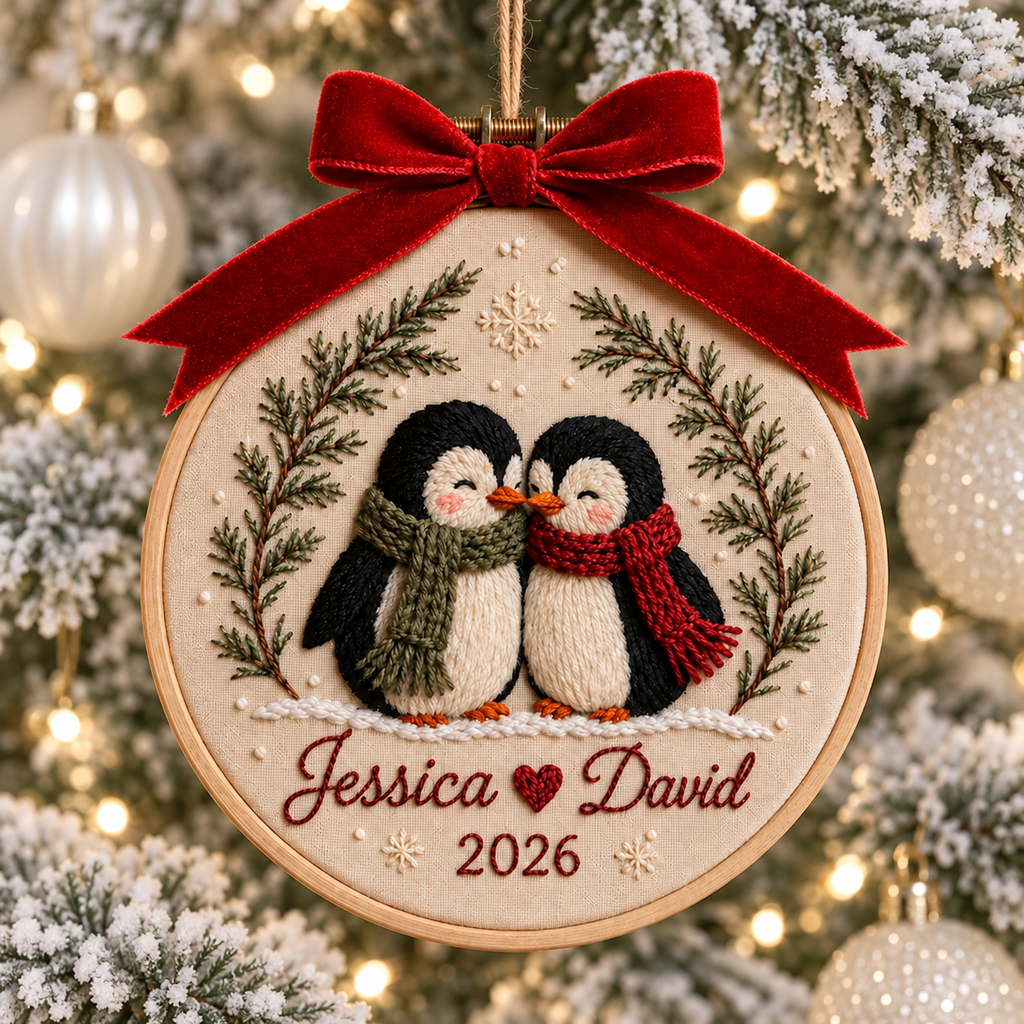 Personalized Couple Christmas Embroidered Ornament, Custom Names Penguin Hoop Decor, Romantic Keepsake 2026, Gift for Couple