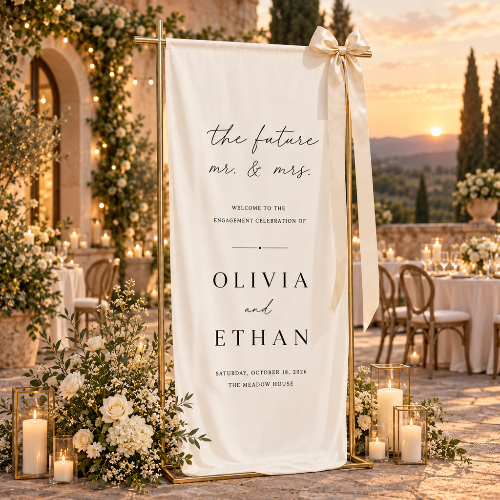 Personalized Linen Engagement Welcome Sign, Future Mr & Mrs Engagement Party Decor,  Custom Couple Names Date & Venue Banner