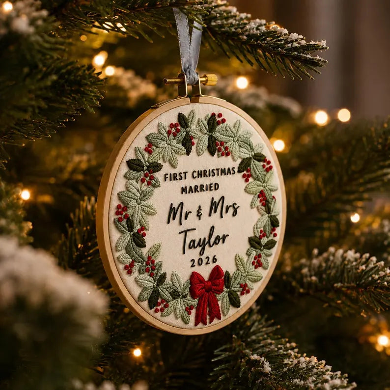 Personalized First Christmas Married Embroidery Hoop Ornament, Mr & Mrs Christmas Keepsake, Newlywed Wedding Gift