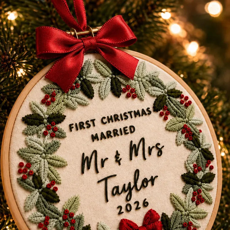 Personalized First Christmas Married Embroidery Hoop Ornament, Mr & Mrs Christmas Keepsake, Newlywed Wedding Gift