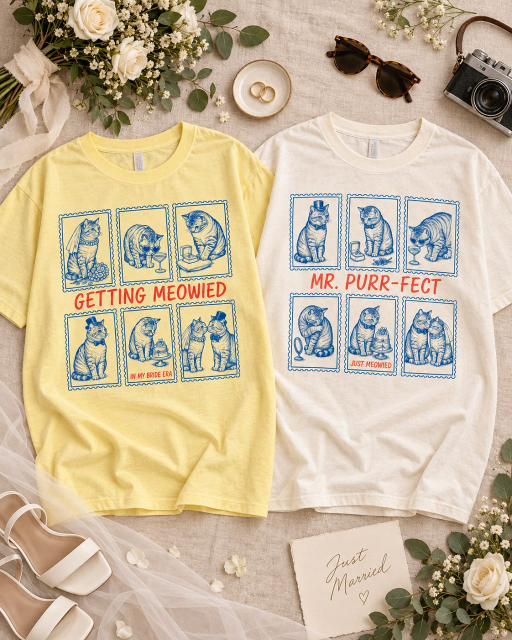 Getting Meowied & Mr. Purr-fect Cat Couple Comfort Colors Tees