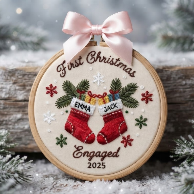 First Christmas Engaged Ornament, Personalized Engagement Gift, Custom Holiday Decor Keepsake, Engaged Christmas Hoop Ornament,Marriage Hoop