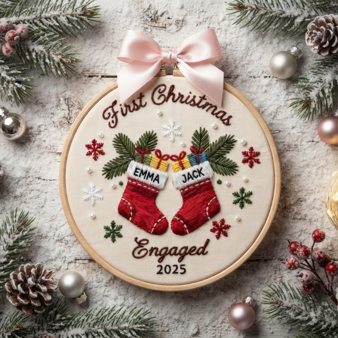 First Christmas Engaged Ornament, Personalized Engagement Gift, Custom Holiday Decor Keepsake, Engaged Christmas Hoop Ornament,Marriage Hoop