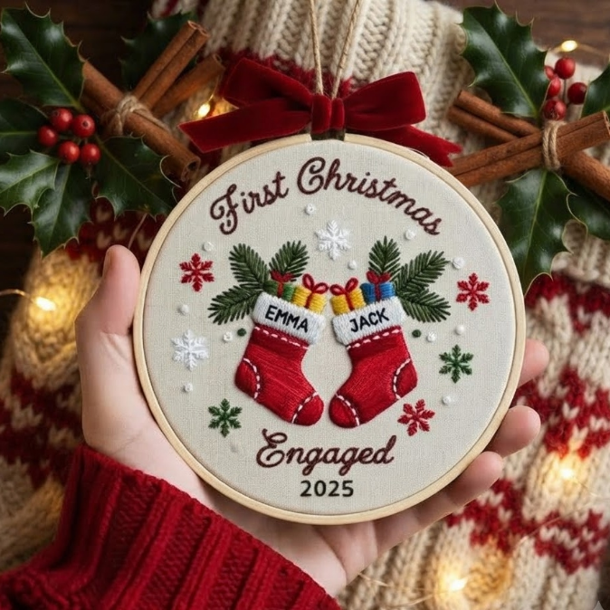 First Christmas Engaged Ornament, Personalized Engagement Gift, Custom Holiday Decor Keepsake, Engaged Christmas Hoop Ornament,Marriage Hoop
